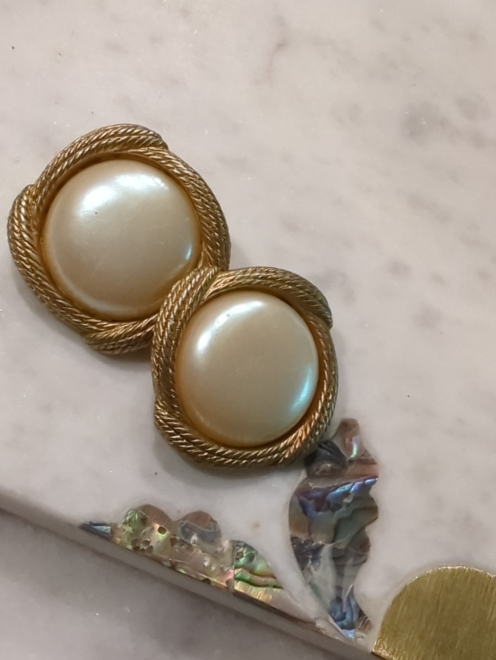 Vintage Carol Dauplaise Signed Gold Tone & Cream Cabochon  Clip Earrings
